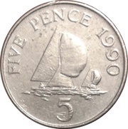5 Pence - Elizabeth II 3rd portrait; small type, United Kingdom, 1990-1997 reverse image
