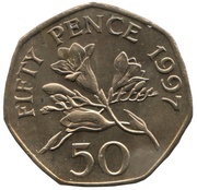 50 Pence - Elizabeth II 3rd portrait; small type, United Kingdom, 1997 reverse image