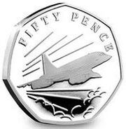 50 Pence - Elizabeth II 50th Anniversary of Concorde - Flight; Silver Proof, United Kingdom, 2019 reverse image