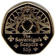50 Pence - Charles III Coronation Regalia - The Sovereign's Sceptre; Gold Plated, United Kingdom, 2023 reverse image