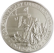 2 Pounds - Elizabeth II 50th Anniversary of Liberation; Silver Proof, United Kingdom, 1995 reverse image