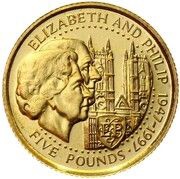 5 Pounds - Elizabeth II Golden Wedding - Gold, United Kingdom, 1997 reverse image