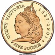 5 Pounds - Elizabeth II Queen Victoria Centennial; Gold Proof, United Kingdom, 2001 reverse image