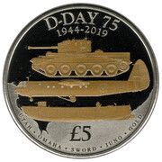 5 Pounds - Elizabeth II 75th anniversary of D-day; Selective Gold Plating, United Kingdom, 2019 reverse image