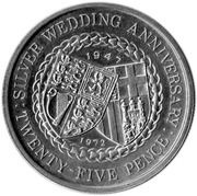 25 Pence - Elizabeth II Royal Wedding Anniversary, United Kingdom, 1972 reverse image