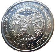 25 Pence - Elizabeth II Royal Wedding Anniversary; Silver Proof Issue, United Kingdom, 1972 reverse image