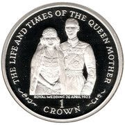 1 Crown - Elizabeth II Queen Mother - Wedding; silver proof issue, United Kingdom, 1999 reverse image