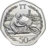 50 Pence - Elizabeth II Tourist Trophy Motorcycle Races; Platinum Proof, United Kingdom, 1983 reverse image