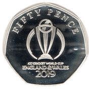 50 Pence - Elizabeth II ICC World Cup logo; Silver Proof, United Kingdom, 2019 reverse image
