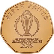50 Pence - Elizabeth II ICC World Cup logo; Gold Proof, United Kingdom, 2019 reverse image