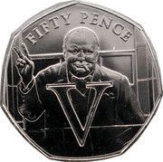 50 Pence - Elizabeth II 5th Portrait- Winston Churchill- V for Victory, United Kingdom, 2020 reverse image