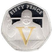 50 Pence - Elizabeth II VE Day - V; Silver Proof, United Kingdom, 2020 reverse image