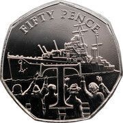 50 Pence - Elizabeth II 5th Portrait- HMS Dido Battleship returning from War, United Kingdom, 2020 reverse image