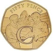 50 Pence - Elizabeth II VE Day - Soldiers celebrating in Trafalgar Square; Gold Proof, United Kingdom, 2020 reverse image