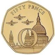 50 Pence - Elizabeth II VE Day - Spitfires over Cathedral; Gold Proof, United Kingdom, 2020 reverse image