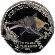 50 Pence - Charles III Jurassic Britain - Ichthyosaur; colourised, United Kingdom, 2023 reverse image