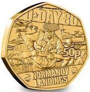 50 Pence - Charles III D-Day Normandy Landings; Gold plated, United Kingdom, 2024 reverse image