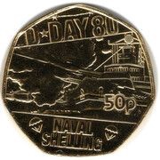 50 Pence - Charles III D-Day Naval Shelling; Gold plated, United Kingdom, 2024 reverse image