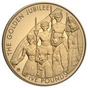 5 Pounds - Elizabeth II Golden Jubilee; Gold Proof Piedorf, United Kingdom, 2002 reverse image