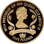 5 Pounds - Elizabeth II Queen's 80th birthday; Gold Proof issue, United Kingdom, 2006 reverse image