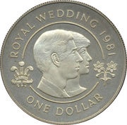 1 Dollar - Elizabeth II Royal Wedding; Silver Proof Issue, United Kingdom, 1981 reverse image