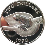 2 Dollars - Elizabeth II Tree Frog, United Kingdom, 1990 reverse image