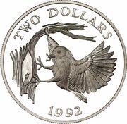 2 Dollars - Elizabeth II Eastern Bluebird, United Kingdom, 1992 reverse image