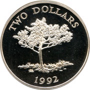 2 Dollars - Elizabeth II Cedar Tree, United Kingdom, 1992 reverse image