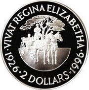 2 Dollars - Elizabeth II Queen’s 70th Birthday, United Kingdom, 1996 reverse image