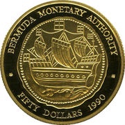 50 Dollars - Elizabeth II Galleon ship, United Kingdom, 1990 reverse image