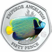 50 Pence - Elizabeth II Emperor angelfish; Silver, United Kingdom, 2021 reverse image