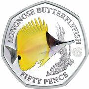 50 Pence - Elizabeth II Longnose butterflyfish; Silver, United Kingdom, 2021 reverse image