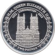 2 Pounds - Elizabeth II Coronation anniversary; Silver, United Kingdom, 2013 reverse image