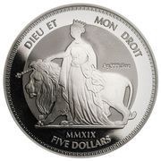 5 Dollars - Elizabeth II Una and Lion; Silver 5oz., United Kingdom, 2019 reverse image