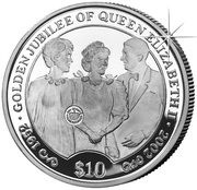 10 Dollars - Elizabeth II Golden Jubilee - With Reagan, United Kingdom, 2002 reverse image