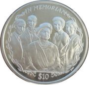 10 Dollars - Elizabeth II The Queen Mother with Grandchildren, United Kingdom, 2002 reverse image
