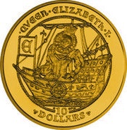 10 Dollars - Elizabeth II Queen Elizabeth I - Above Ship; Gold Proof, United Kingdom, 2009 reverse image
