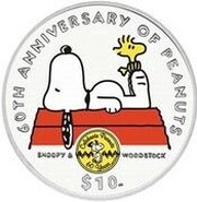 10 Dollars - Elizabeth II Peanuts - Snoopy 60 years, United Kingdom, 2010 reverse image