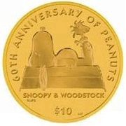 10 Dollars - Elizabeth II Peanuts - Snoopy 60 years; Gold, United Kingdom, 2010 reverse image