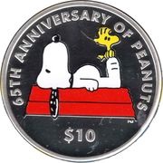 10 Dollar - Elizabeth II Peanuts - Snoopy 65 years, United Kingdom, 2015 reverse image