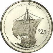 25 Dollars - Elizabeth II Ship under full sail, United Kingdom, 1992 reverse image
