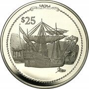 25 Dollars - Elizabeth II Ship at anchor, United Kingdom, 1992 reverse image