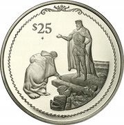 25 Dollars - Elizabeth II Columbus bowing before King Ferdinand, United Kingdom, 1992 reverse image