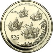 25 Dollars - Elizabeth II Four sailing ships, United Kingdom, 1992 reverse image