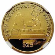 25 Dollar - Elizabeth II Peanuts - Snoopy 65 years, United Kingdom, 2015 reverse image