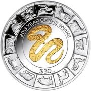 30 Dollars - Elizabeth II Year of the Snake; Silver 5oz reverse image