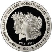 30 Dollars - Elizabeth II Transition of the Morgan Dollar to the Peace Dollar, United Kingdom, 2021 reverse image