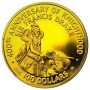 100 Dollars - Elizabeth II Knighting of Sir Francis Drake, United Kingdom, 1975 reverse image