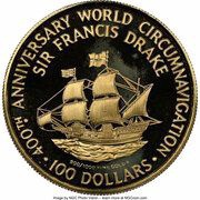 100 Dollars - Elizabeth II World Circumnavigation by Sir Francis Drake, United Kingdom, 1980 reverse image