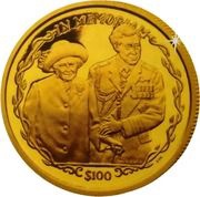 100 Dollars - Elizabeth II Queen Mother with Prince Charles, United Kingdom, 2002 reverse image